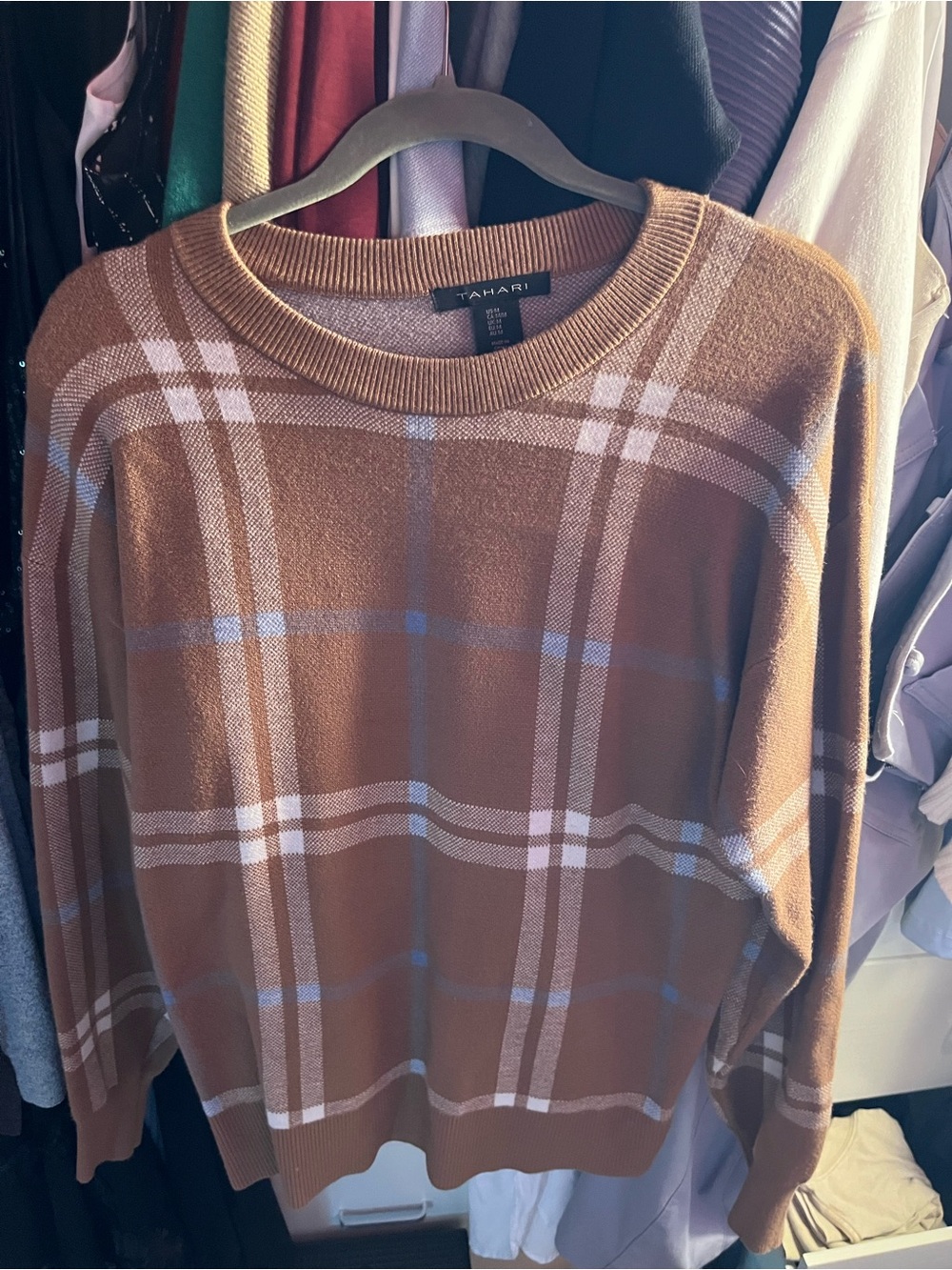 Tahari Women’s Brown Plaid Crewneck Sweater with Light Blue & Cream Stripes